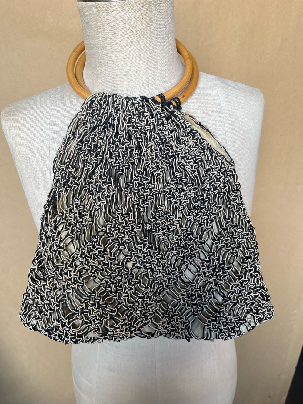 Boho Black Cream Crochet Knit Handbag Wood Handles